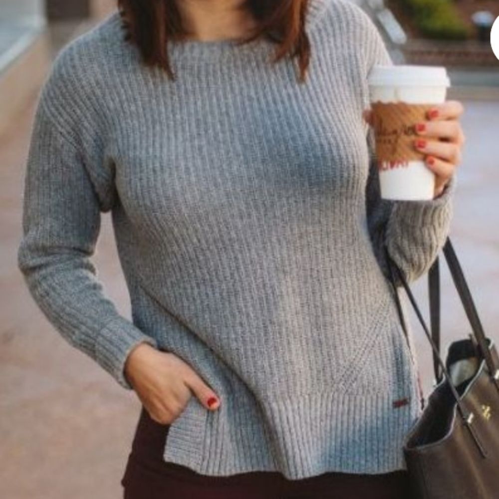 Toms Womens Sweater Pullover Ribbed Knit Crew Neck Side Slits Soft Comfy Wool XS